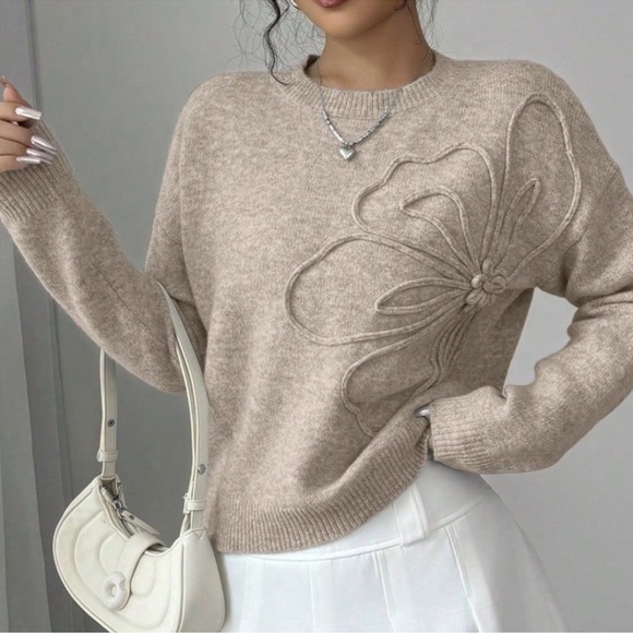 Classic Floral Textured Round Neck Knit Sweater Top S M L - Picture 3 of 5